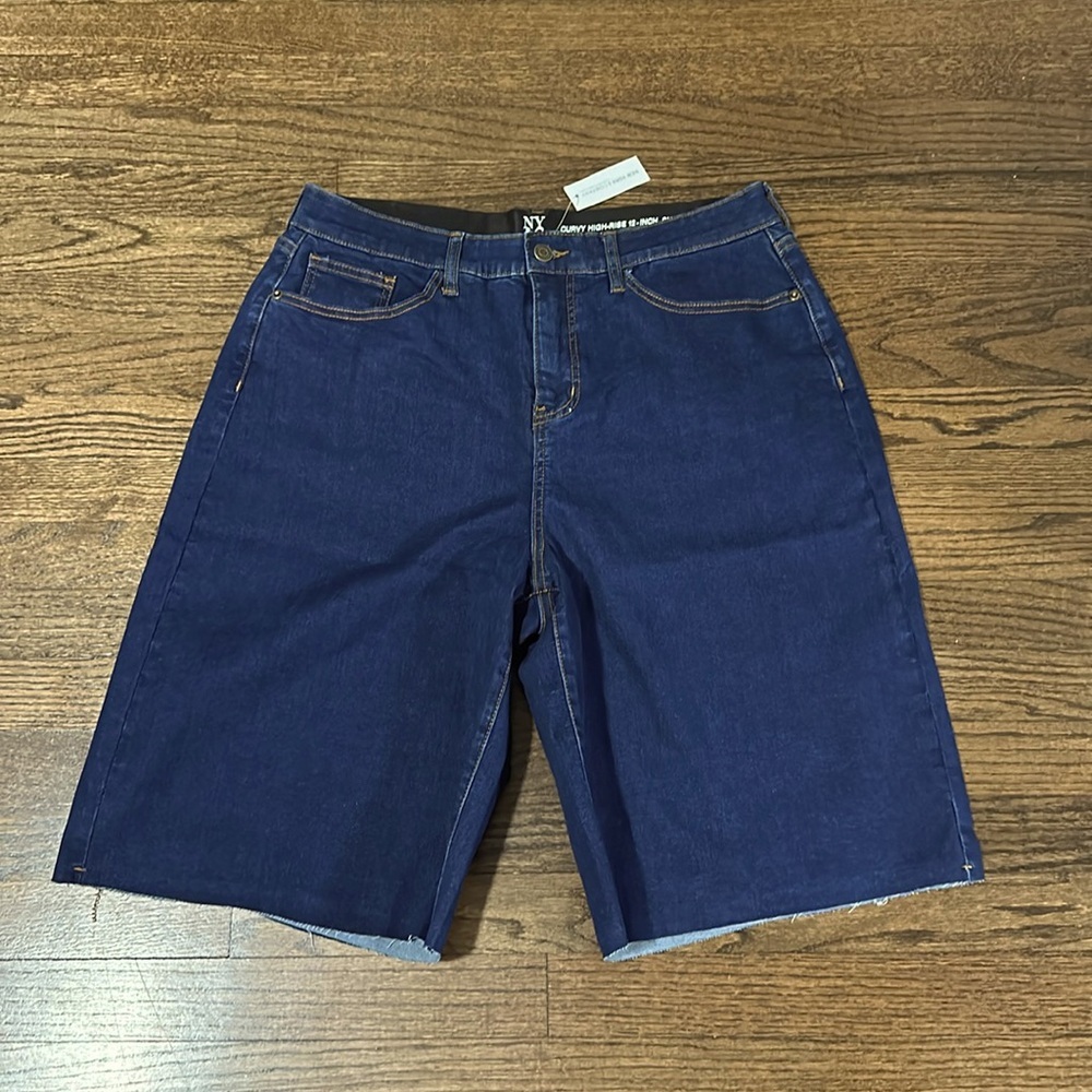 New York and Company Curvy Stretch High Rise 12-Inch Cut Off Blue Jean Shorts 16